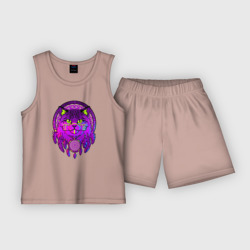 Детская пижама с шортами хлопок Фиолетовый кот-индеец с ловцом снов
