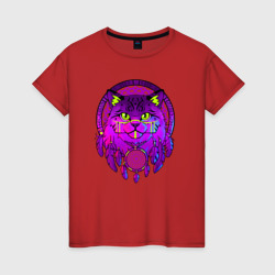 Женская футболка хлопок Фиолетовый кот-индеец с ловцом снов