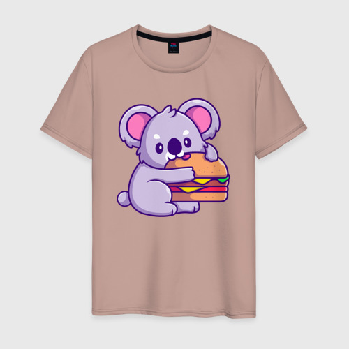 Мужская футболка хлопок с принтом Коала ест гамбургер, вид спереди #2