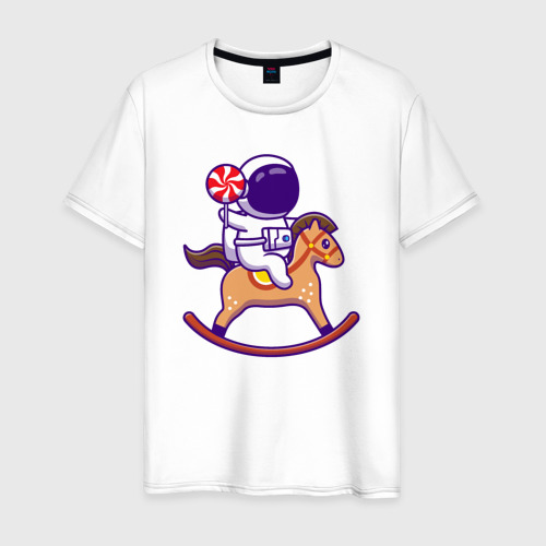 Мужская футболка из хлопка с принтом Космонавт на коне, вид спереди №1
