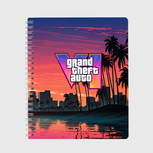 Тетрадь GTA 6 лого на фоне заката 