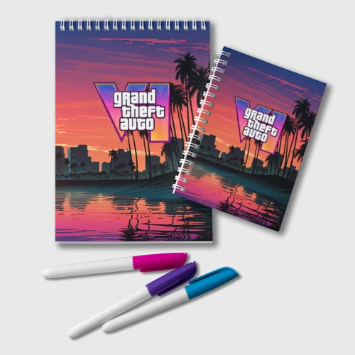 Блокнот GTA 6 лого на фоне заката 