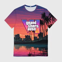 Мужская футболка 3D GTA 6 лого на фоне заката 