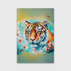 Обложка для паспорта матовая кожа Тигр и розовые цветы