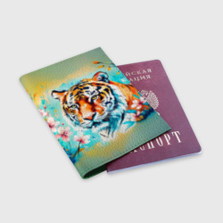 Обложка для паспорта матовая кожа Тигр и розовые цветы - фото 2