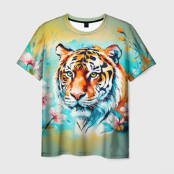 Тигр и розовые цветы – Мужская футболка 3D с принтом купить со скидкой в -26%