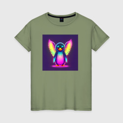 Женская футболка хлопок Неоновый пингвин с крыльями