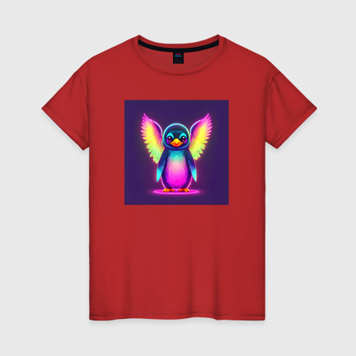 Женская футболка хлопок Неоновый пингвин с крыльями, цвет красный