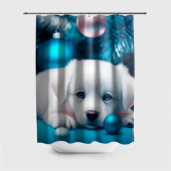 Штора 3D для ванной Белый щенок с розовыми и голубыми шариками