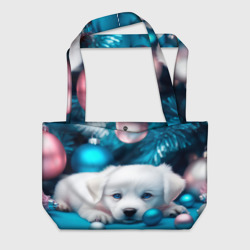 Пляжная сумка 3D Белый щенок с розовыми и голубыми шариками