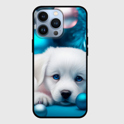 Чехол для iPhone 13 Pro Белый щенок с розовыми и голубыми шариками