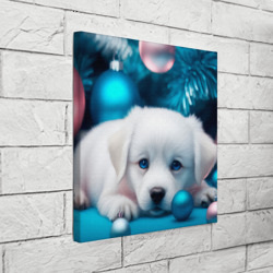 Холст квадратный Белый щенок с розовыми и голубыми шариками - фото 2