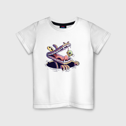 Детская футболка из хлопка с принтом Крокодил и птенец, вид спереди №1