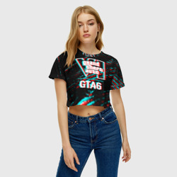 Женская футболка Crop-top 3D GTA6 в стиле glitch и баги графики на темном фоне - фото 2