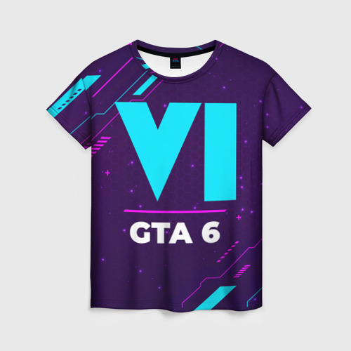Женская футболка 3D Символ GTA 6 в неоновых цветах на темном фоне, цвет 3D печать