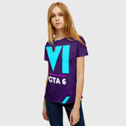 Женская футболка 3D Символ GTA 6 в неоновых цветах на темном фоне - фото 2