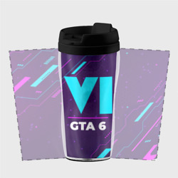 Термокружка-непроливайка Символ GTA 6 в неоновых цветах на темном фоне - фото 2