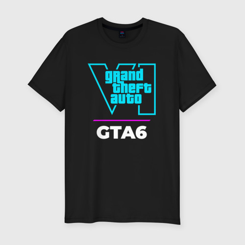 Мужская футболка хлопок Slim Символ GTA6 в неоновых цветах, цвет черный
