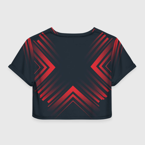 Женская футболка Crop-top 3D Красный символ GTA6 на темном фоне со стрелками, цвет 3D печать - фото 2