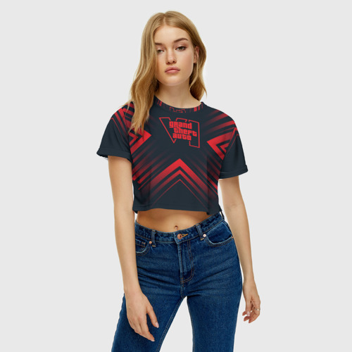 Женская футболка Crop-top 3D Красный символ GTA6 на темном фоне со стрелками, цвет 3D печать - фото 3