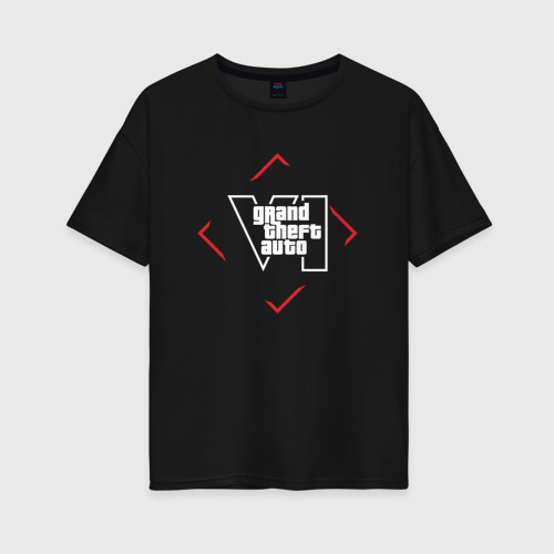 Женская футболка хлопок Oversize Символ GTA6 в красном ромбе, цвет черный
