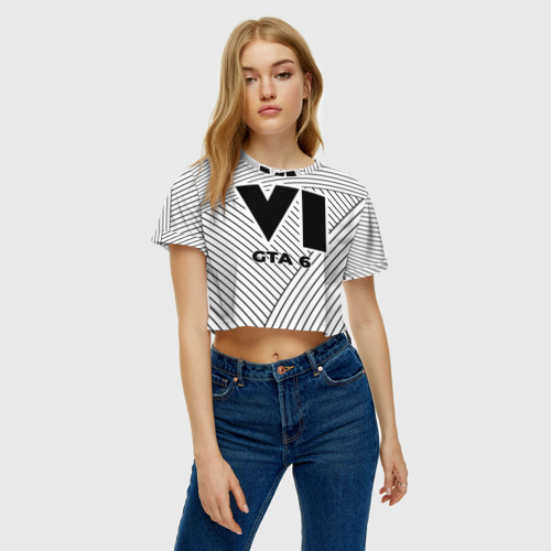 Женская футболка Crop-top 3D Символ GTA 6 на светлом фоне с полосами, цвет 3D печать - фото 4