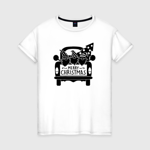 Женская футболка хлопок с принтом Новогодние гномы на автомобиле, вид спереди #2