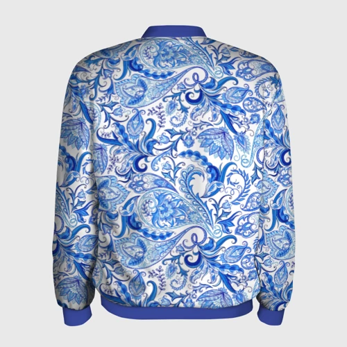 Мужской бомбер 3D с принтом Гжельская роспись на белом фоне, вид сзади #1