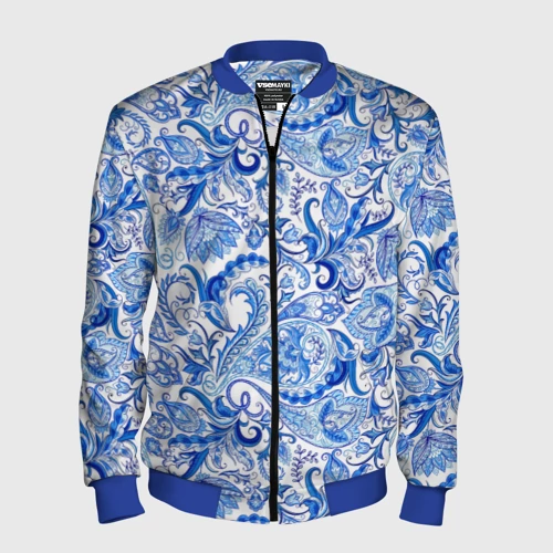 Мужской бомбер 3D с принтом Гжельская роспись на белом фоне, вид спереди #2