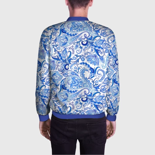 Мужской бомбер 3D с принтом Гжельская роспись на белом фоне, вид сзади #2