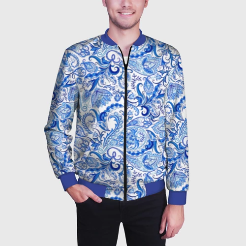 Мужской бомбер 3D с принтом Гжельская роспись на белом фоне, фото на моделе #1