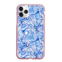 Чехол для iPhone 11 Pro Max матовый Гжельская роспись на белом фоне