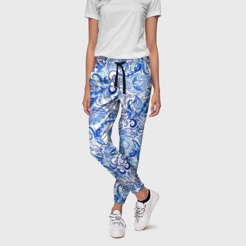 Женские брюки 3D Гжельская роспись на белом фоне, цвет 3D печать - фото 3
