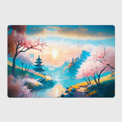 Японский город вдали и цветущая Сакура у реки – Магнитный плакат 3Х2 с принтом купить