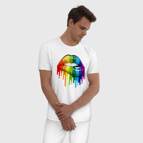 Мужская пижама хлопок Rainbow lips, цвет белый - фото 3