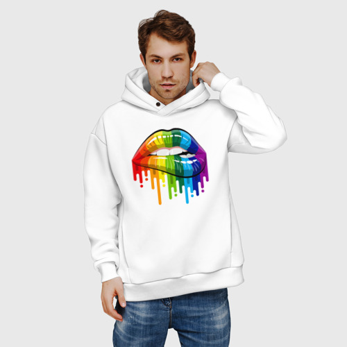 Мужское худи Oversize хлопок Rainbow lips, цвет белый - фото 3