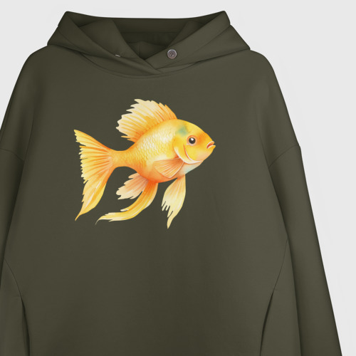 Женское худи Oversize хлопок с принтом Желтая золотая рыбка - акварель, фото на моделе #1