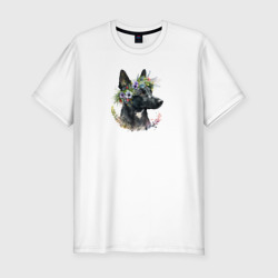 Мужская футболка хлопок Slim Собака лайка в венке из цветов