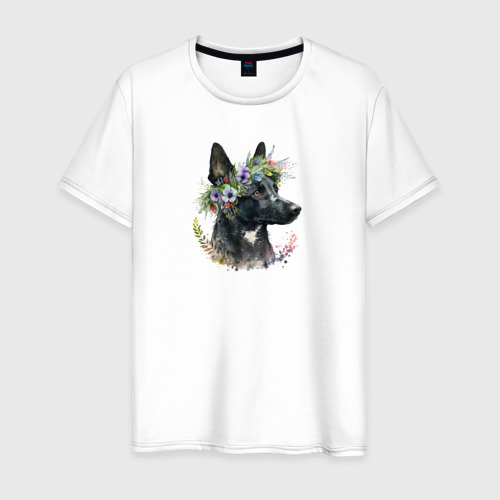 Мужская футболка из хлопка с принтом Собака лайка в венке из цветов, вид спереди №1