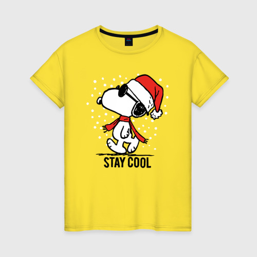 Женская футболка из хлопка с принтом Snoopy stay cool, вид спереди №1