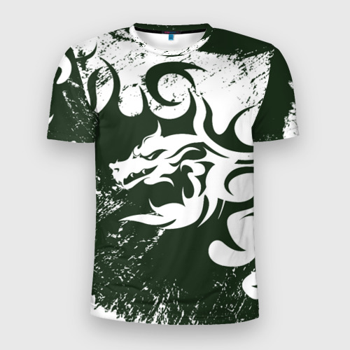 Мужская футболка 3D Slim с принтом Зелены дракон гранж 2024, вид спереди #2