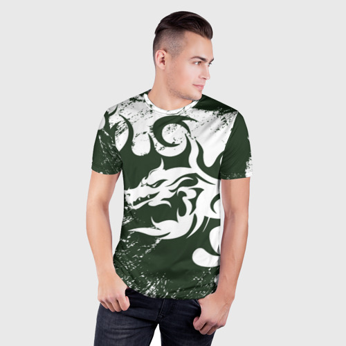 Мужская футболка 3D Slim с принтом Зелены дракон гранж 2024, фото на моделе #1