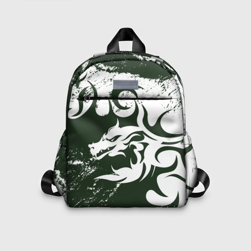 Детский рюкзак 3D с принтом Зелены дракон гранж 2024, вид спереди #2