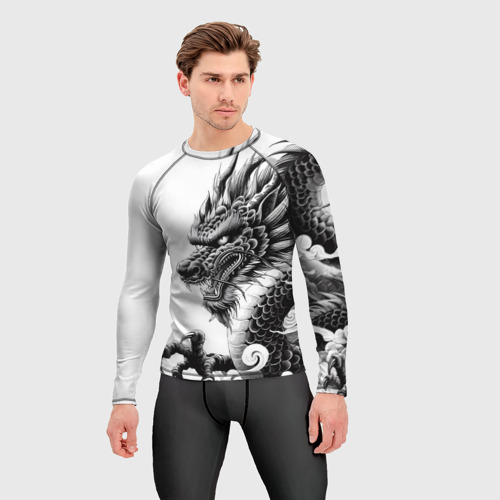 Мужской рашгард 3D с принтом Морда дракона - ирезуми, фото на моделе #1