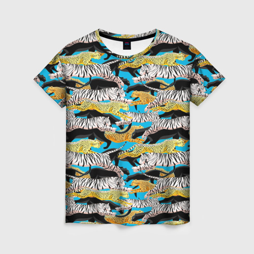 Женская футболка 3D с принтом Прыжок диких кошек, вид спереди #2