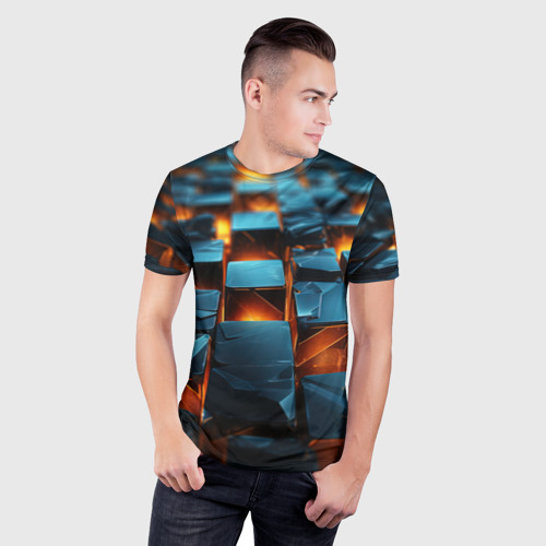 Мужская футболка 3D Slim с принтом Темные плитки в лаве, фото на моделе #1