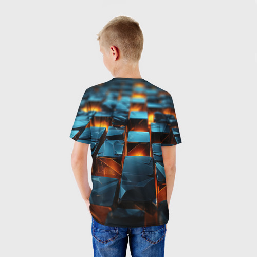 Детская футболка 3D с принтом Темные плитки в лаве, вид сзади #2