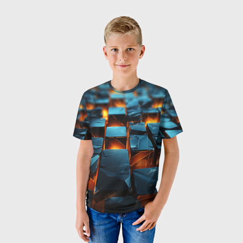Детская футболка 3D с принтом Темные плитки в лаве, фото на моделе #1