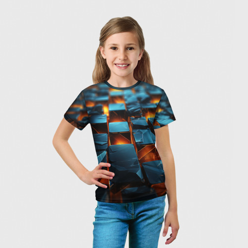 Детская футболка 3D с принтом Темные плитки в лаве, вид сбоку #3