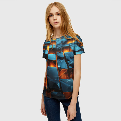 Женская футболка 3D с принтом Темные плитки в лаве, фото на моделе #1